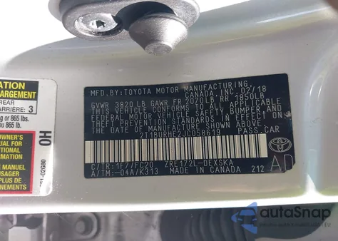 2018 Toyota Corolla Se из США, поврежденный, VIN 2T1BURHE2JC058619